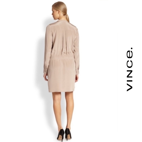 NWOT {Vince} 100% Silk Mink Nude Drawstring Waist Long Sleeve Shirtdress - Picture 2 of 13